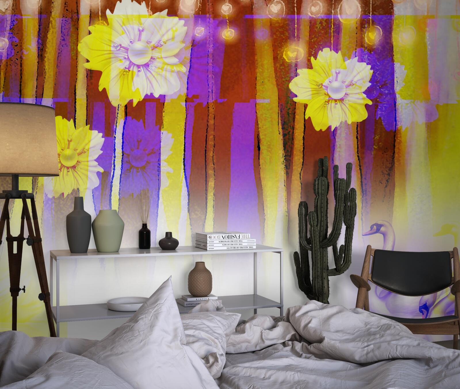 Fototapet flori de lebădă și lebede plutind pe apă