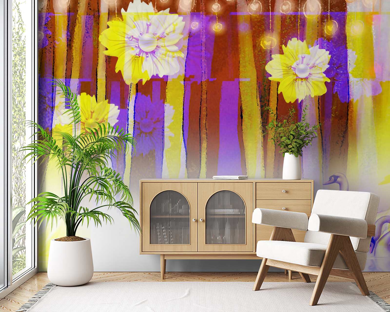 Fototapet flori de lebădă și lebede plutind pe apă