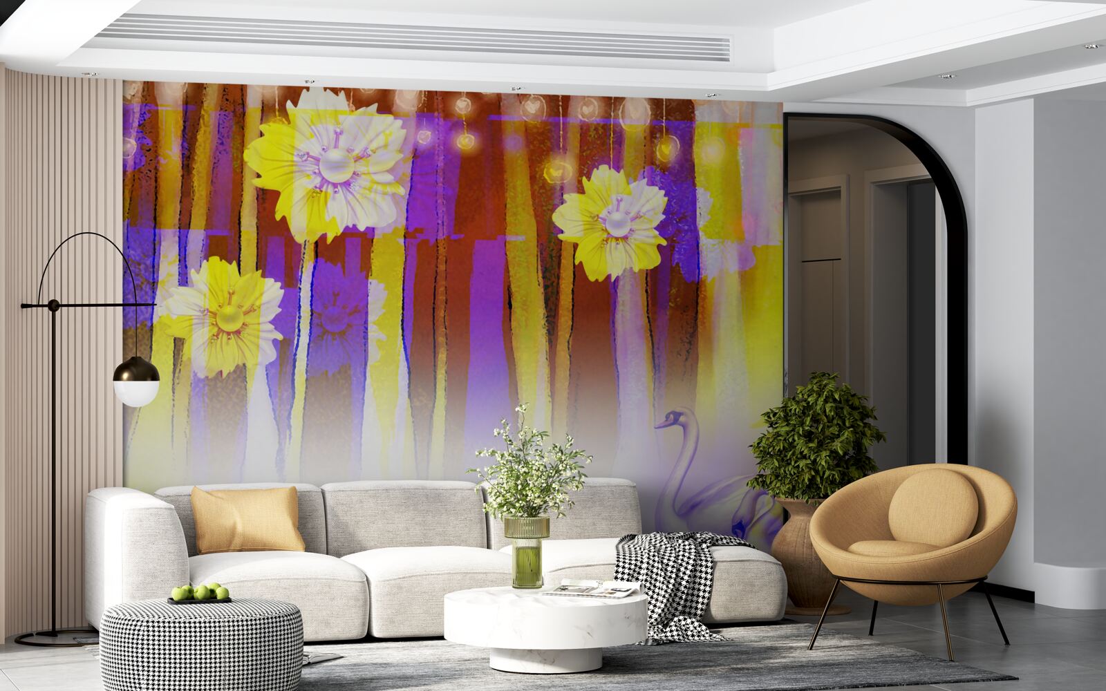 Fototapet flori de lebădă și lebede plutind pe apă