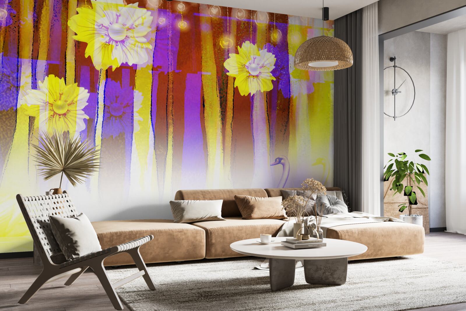 Fototapet flori de lebădă și lebede plutind pe apă