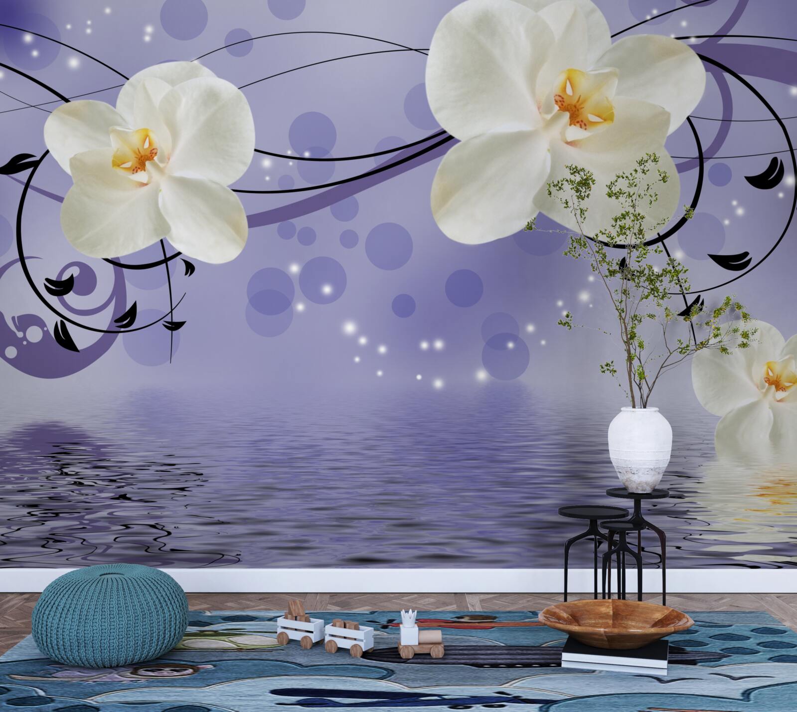 Fototapet există flori mari albe ca zăpada lângă iaz