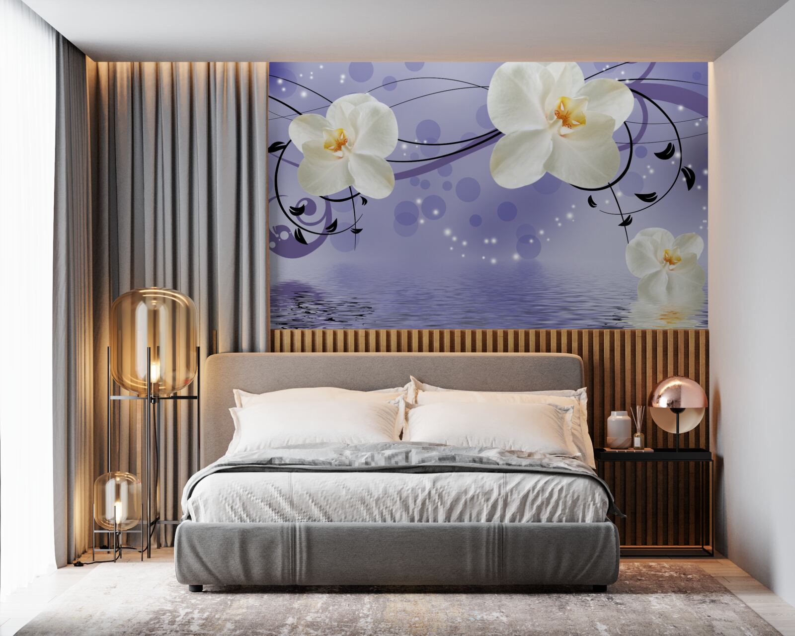 Fototapet există flori mari albe ca zăpada lângă iaz