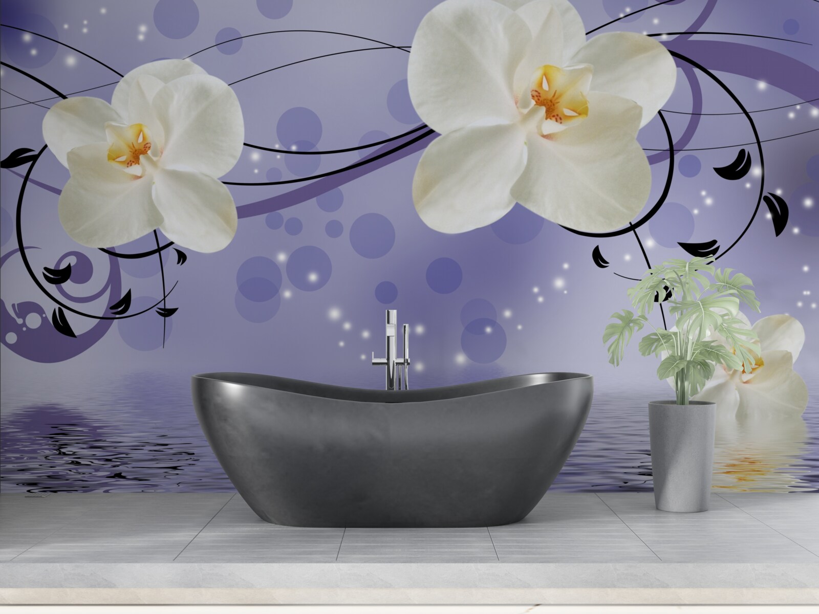 Fototapet există flori mari albe ca zăpada lângă iaz