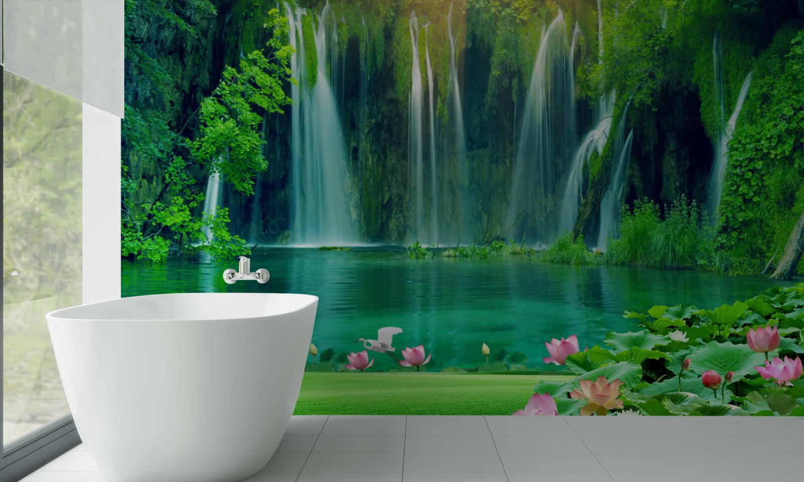 Fototapet cascade care cad într-un lac cristalin