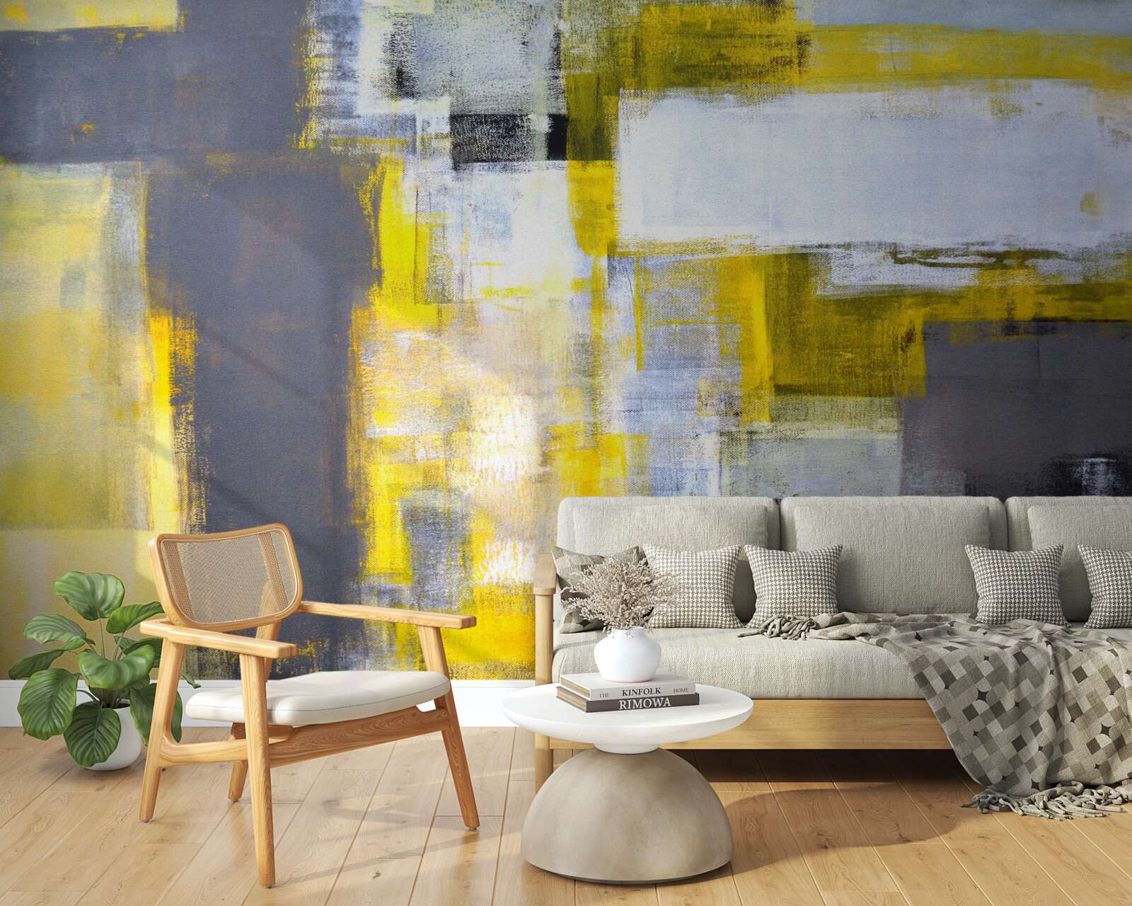 Fototapet pictură abstractă în nuanțe de galben și gri, realizată cu vopsele