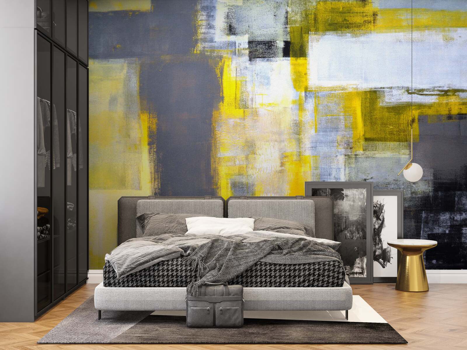 Fototapet pictură abstractă în nuanțe de galben și gri, realizată cu vopsele