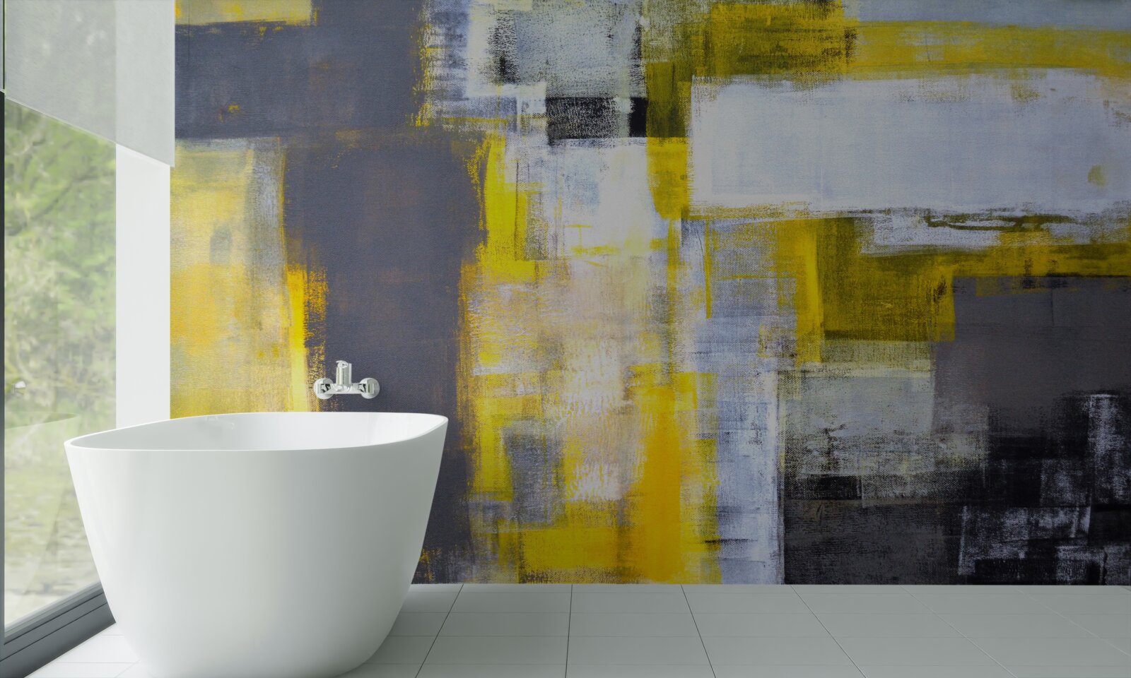 Fototapet pictură abstractă în nuanțe de galben și gri, realizată cu vopsele