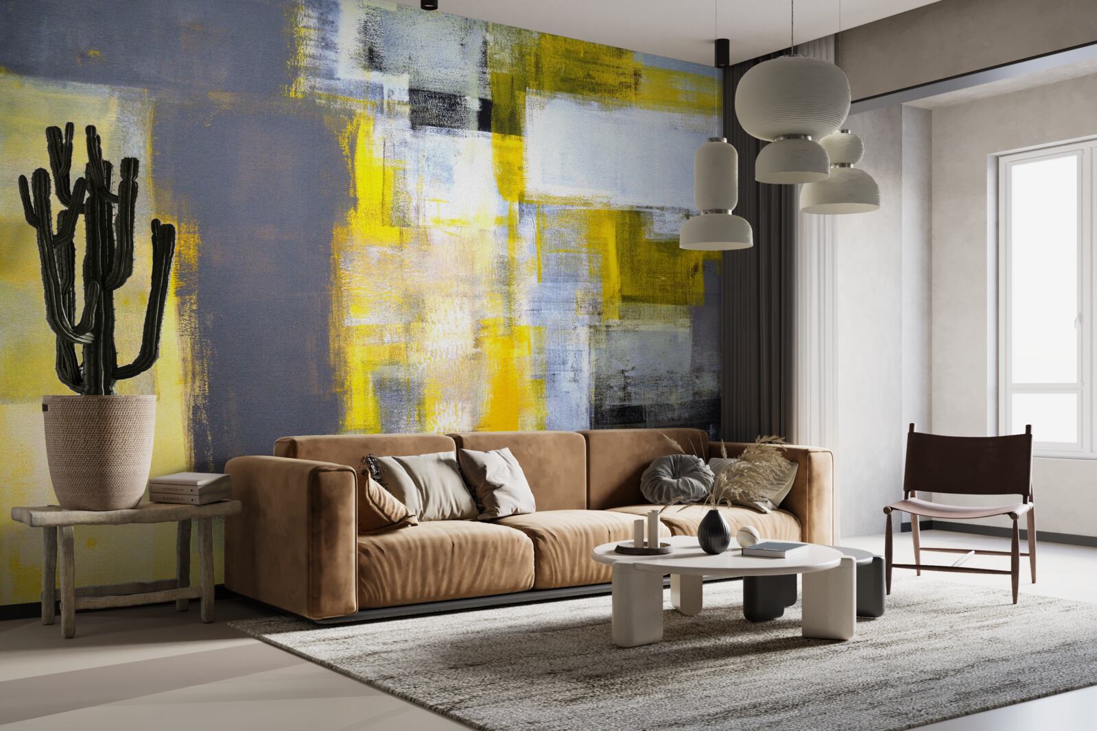 Fototapet pictură abstractă în nuanțe de galben și gri, realizată cu vopsele