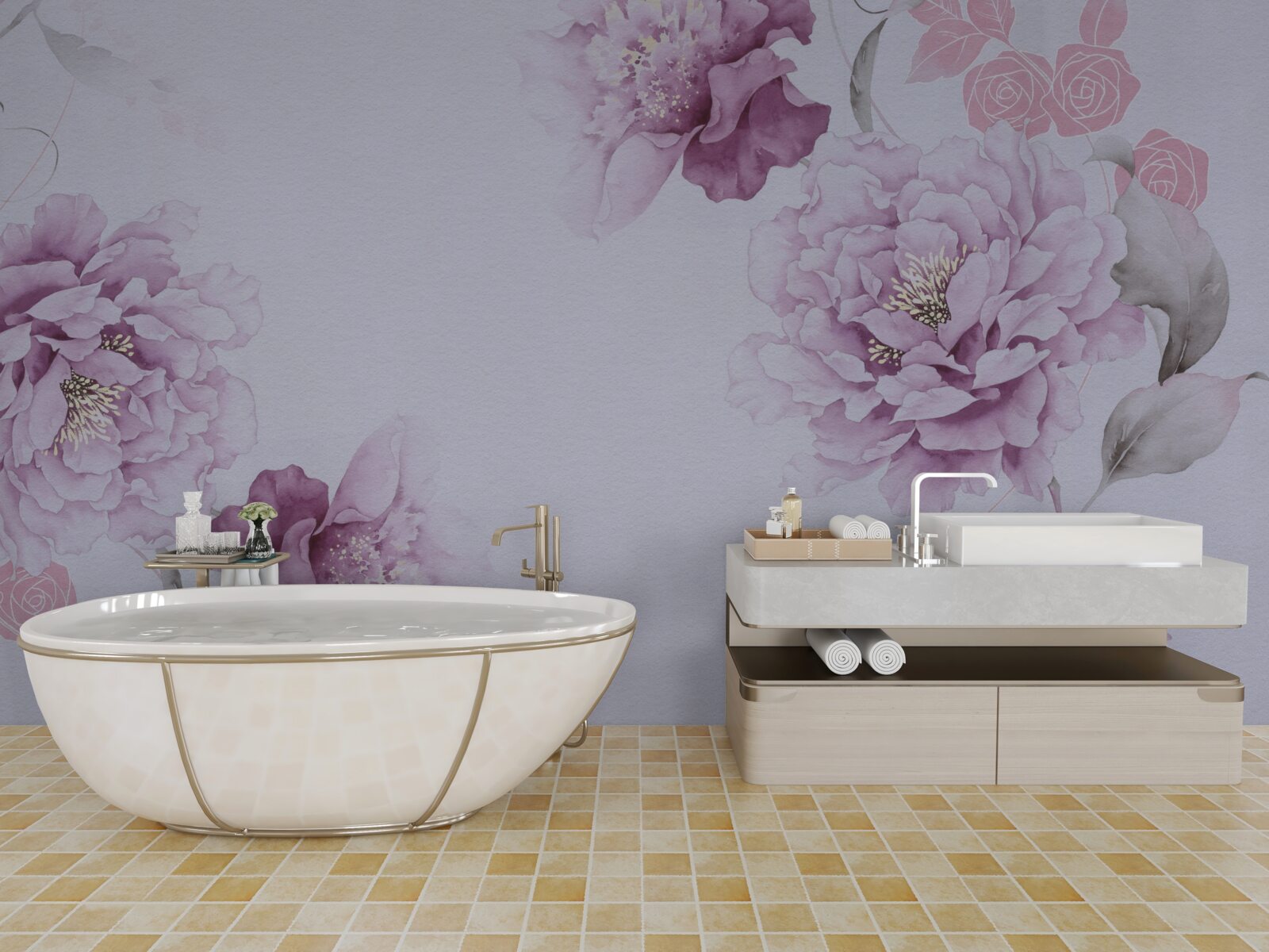 Fototapet flori mari de liliac pe un fundal gri