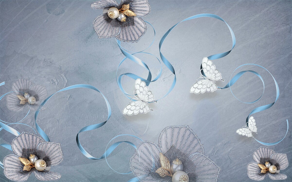 Fototapet Fluturi albi ca zăpada și flori decorate cu perle