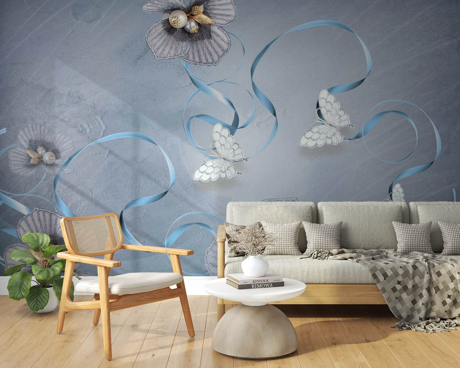 Fototapet Fluturi albi ca zăpada și flori decorate cu perle