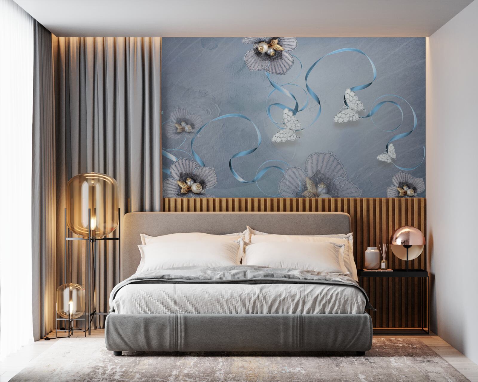 Fototapet Fluturi albi ca zăpada și flori decorate cu perle