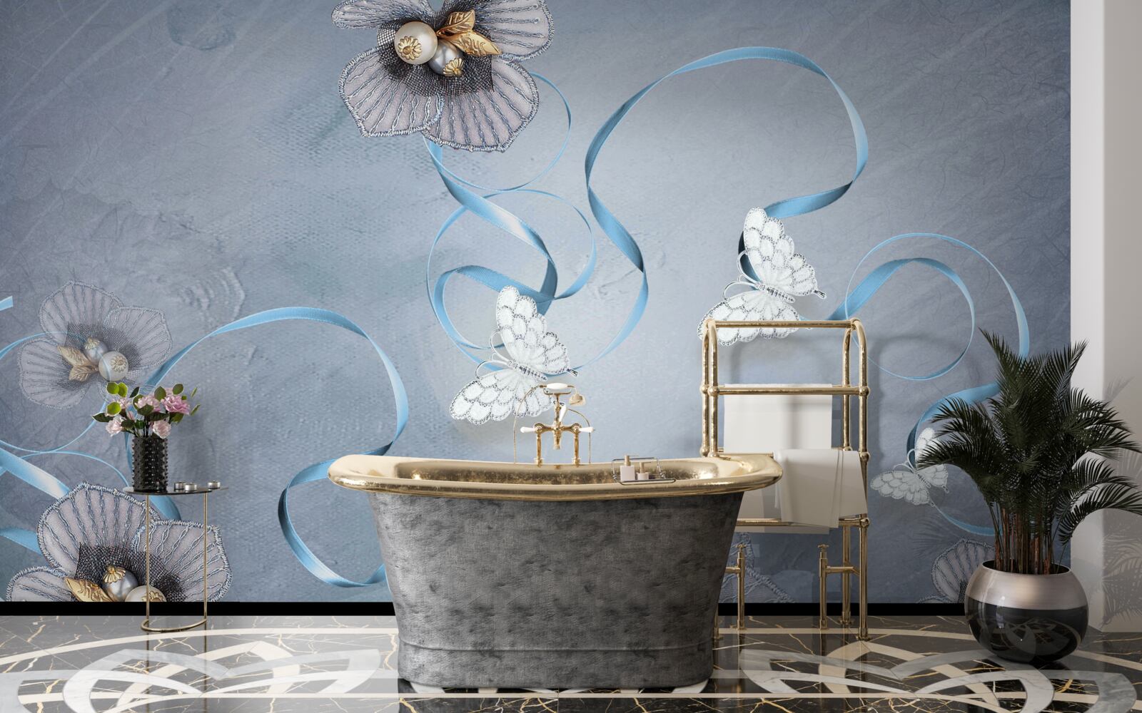 Fototapet Fluturi albi ca zăpada și flori decorate cu perle