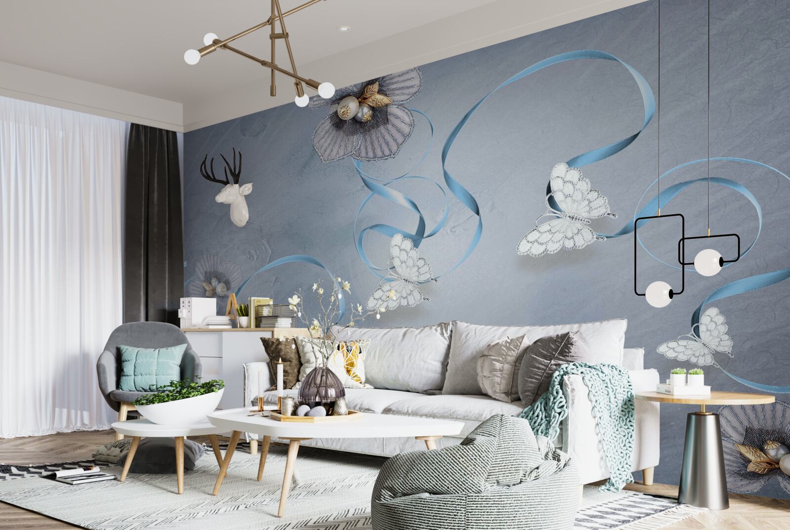 Fototapet Fluturi albi ca zăpada și flori decorate cu perle