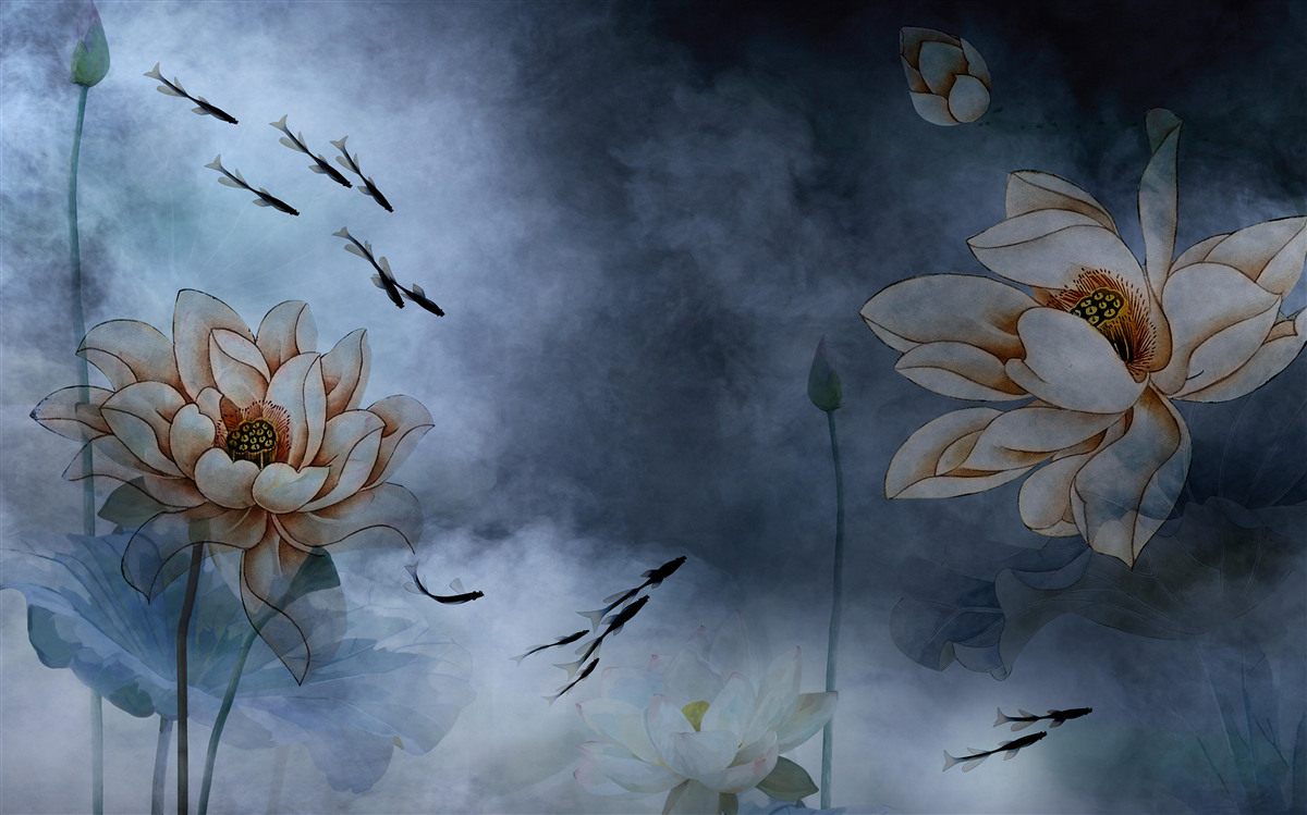 Fototapet flori cu pești care înoată în jurul lor