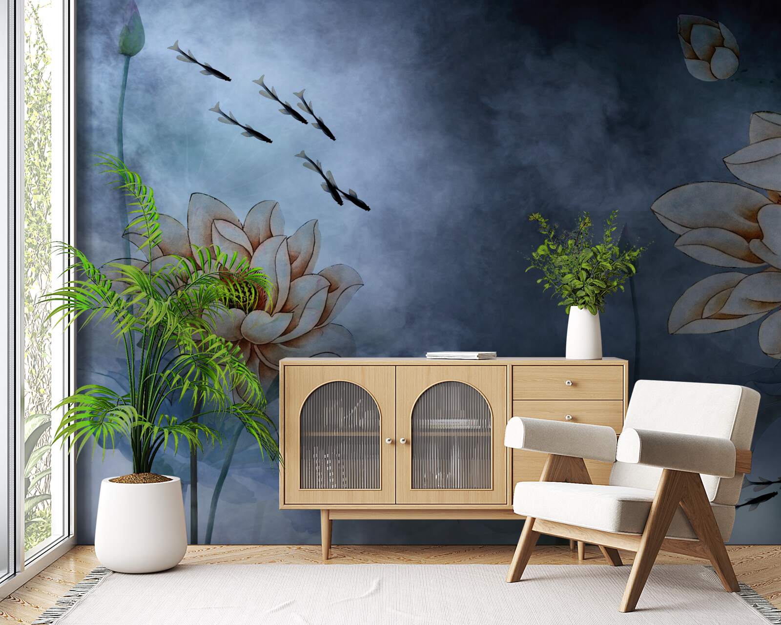 Fototapet flori cu pești care înoată în jurul lor