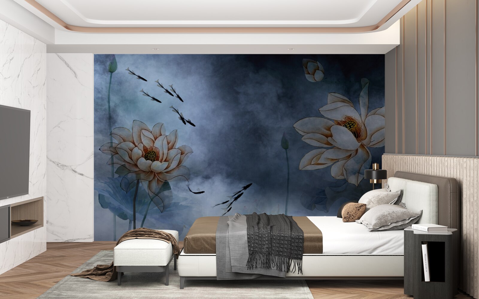 Fototapet flori cu pești care înoată în jurul lor