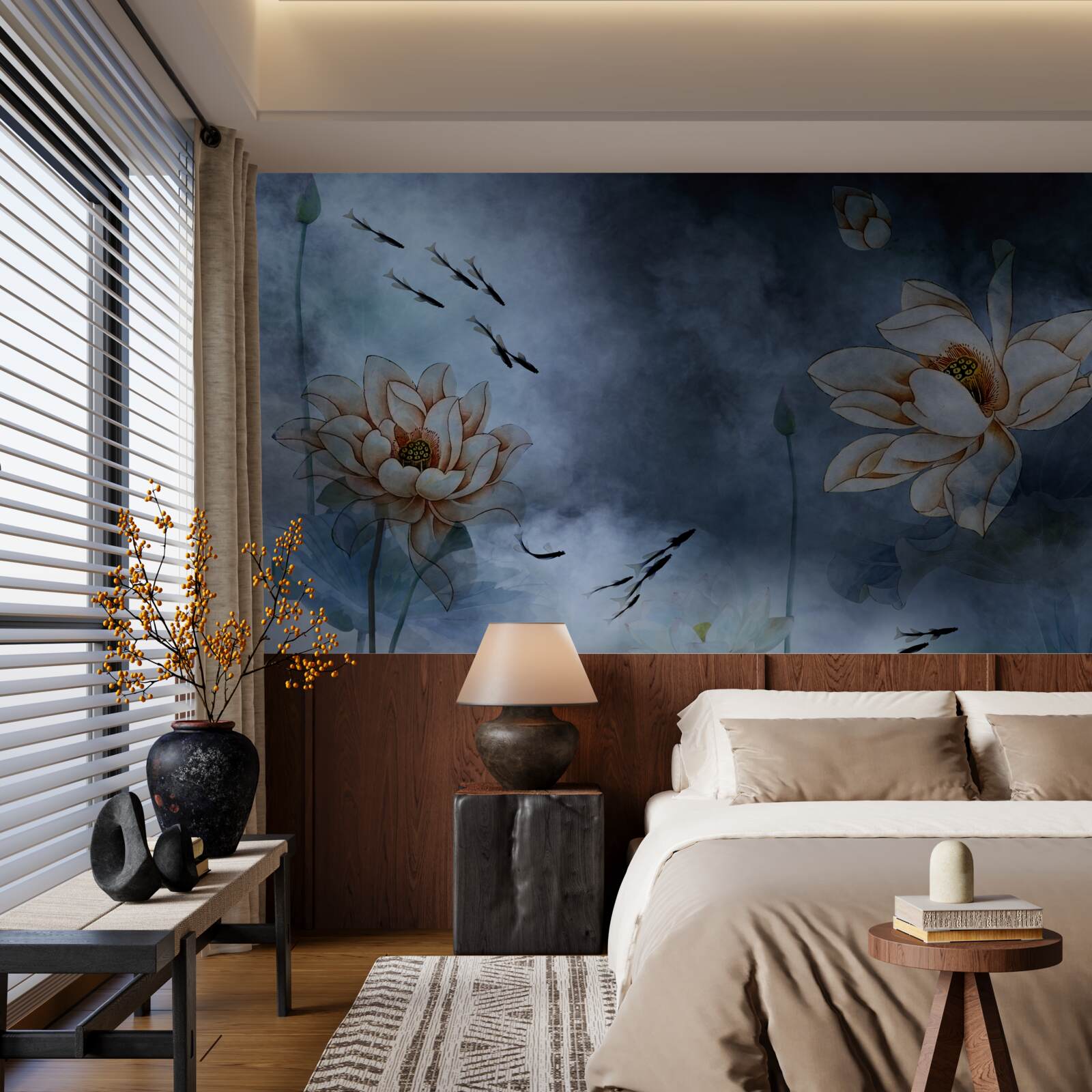 Fototapet flori cu pești care înoată în jurul lor