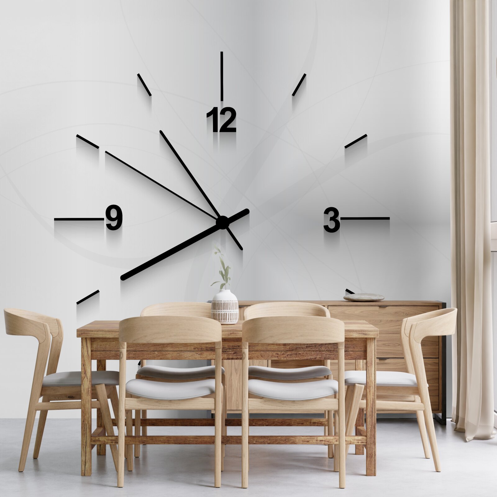 Fototapet pe perete atârnă un ceas argintiu cu patru cifre