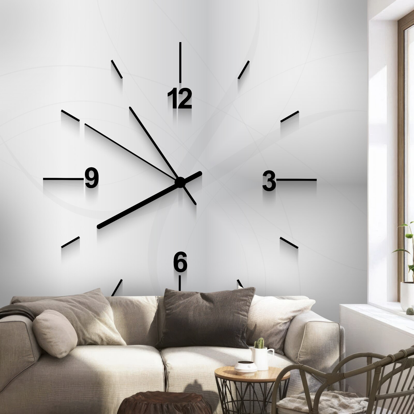 Fototapet pe perete atârnă un ceas argintiu cu patru cifre