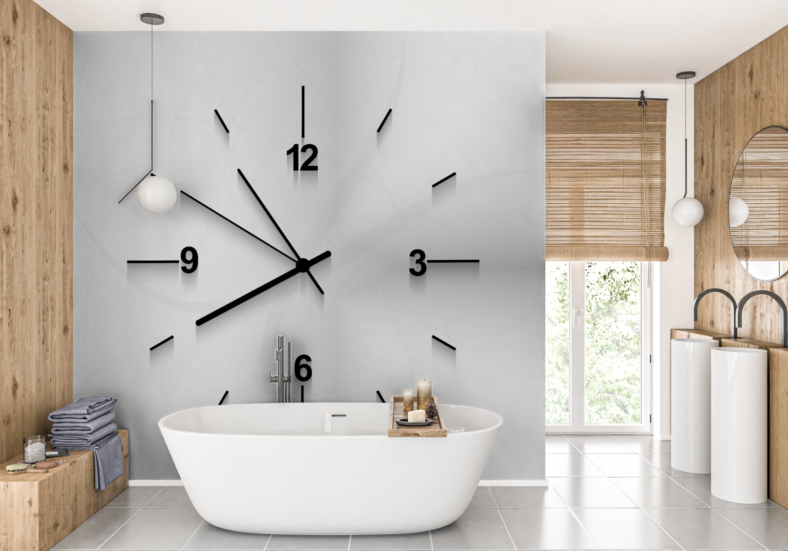 Fototapet pe perete atârnă un ceas argintiu cu patru cifre