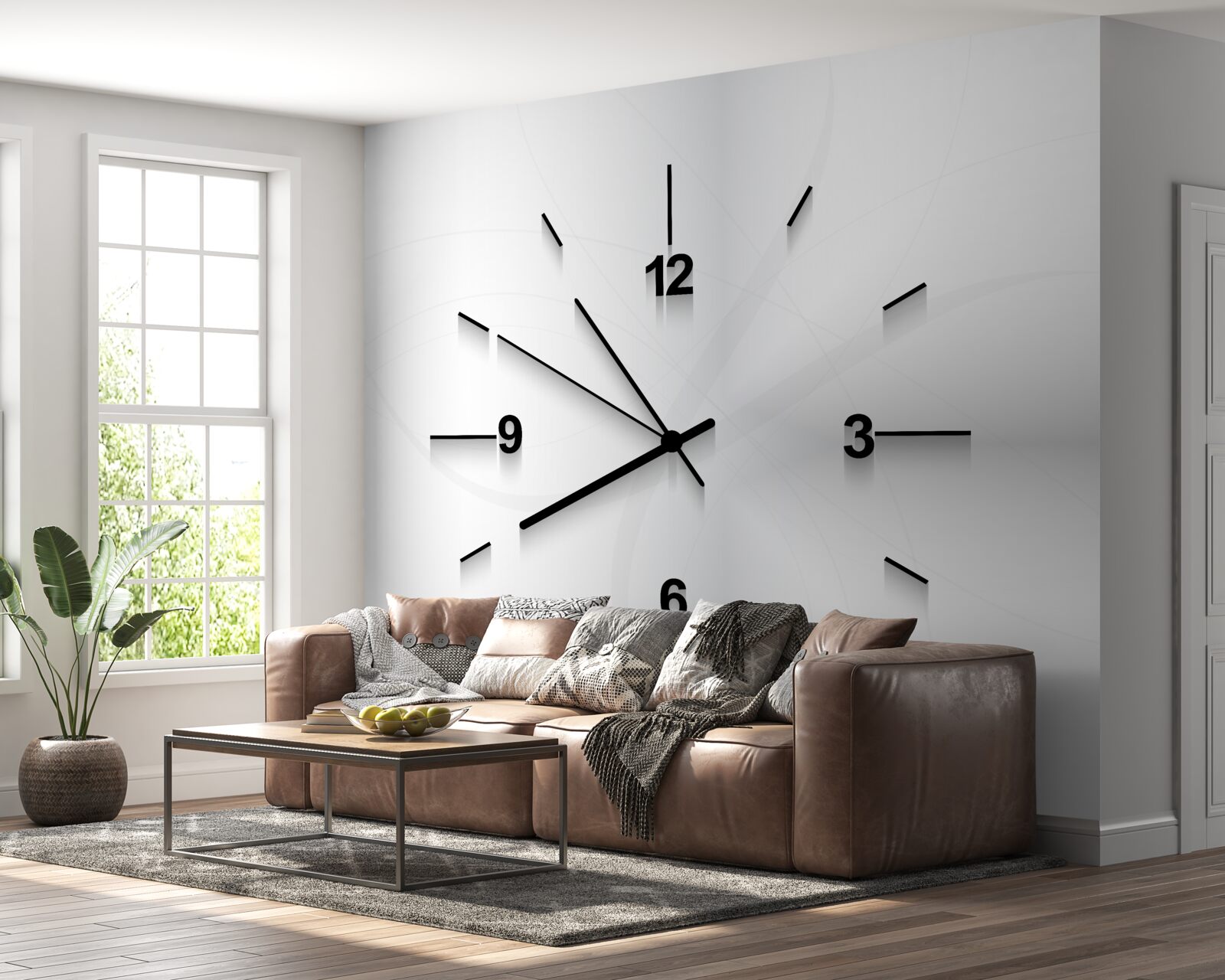 Fototapet pe perete atârnă un ceas argintiu cu patru cifre