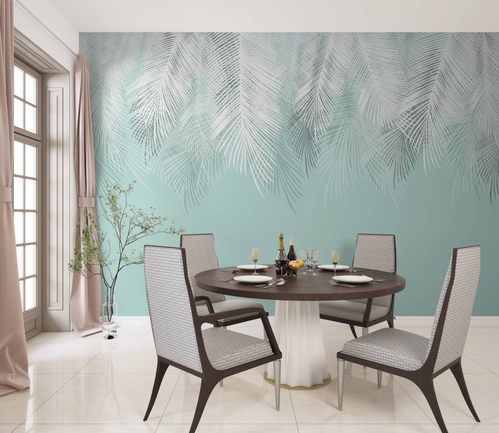 Fototapet frunzele de palmier sunt albe pe un fundal turcoaz