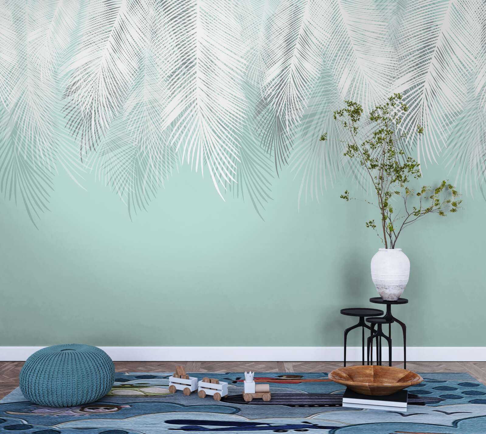 Fototapet frunzele de palmier sunt albe pe un fundal turcoaz