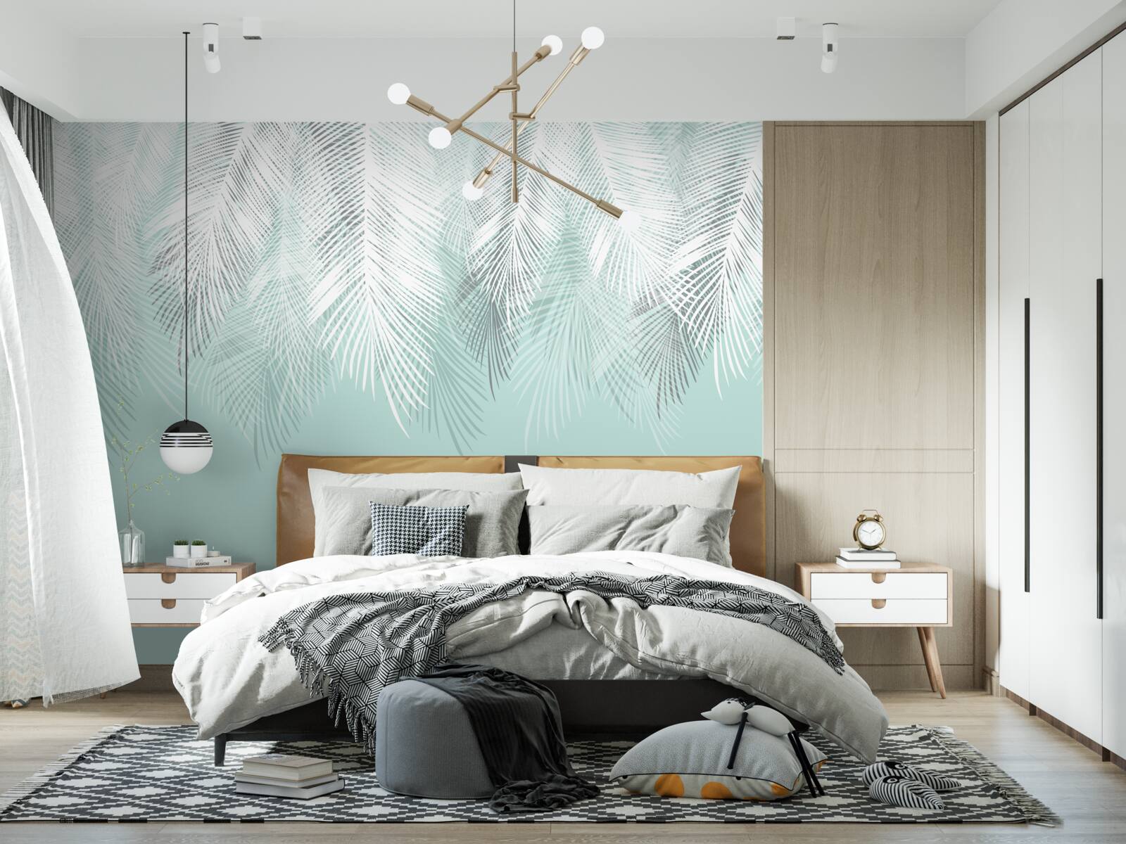 Fototapet frunzele de palmier sunt albe pe un fundal turcoaz