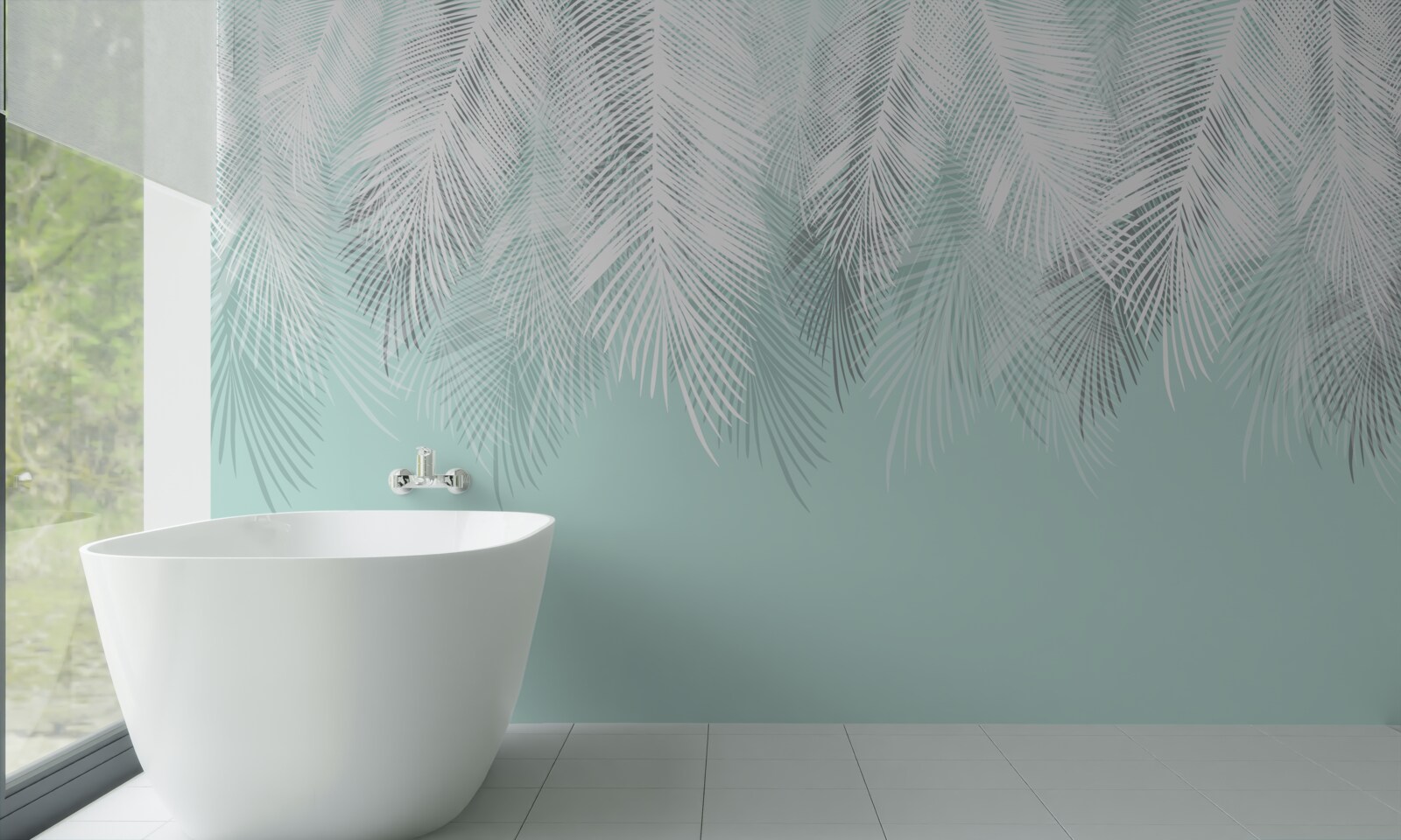 Fototapet frunzele de palmier sunt albe pe un fundal turcoaz