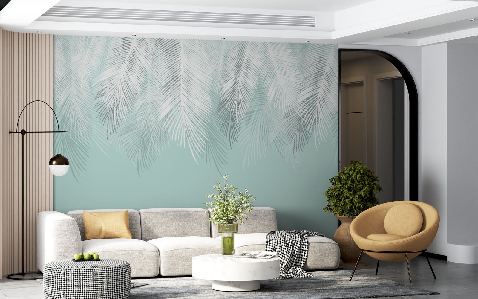 Fototapet frunzele de palmier sunt albe pe un fundal turcoaz