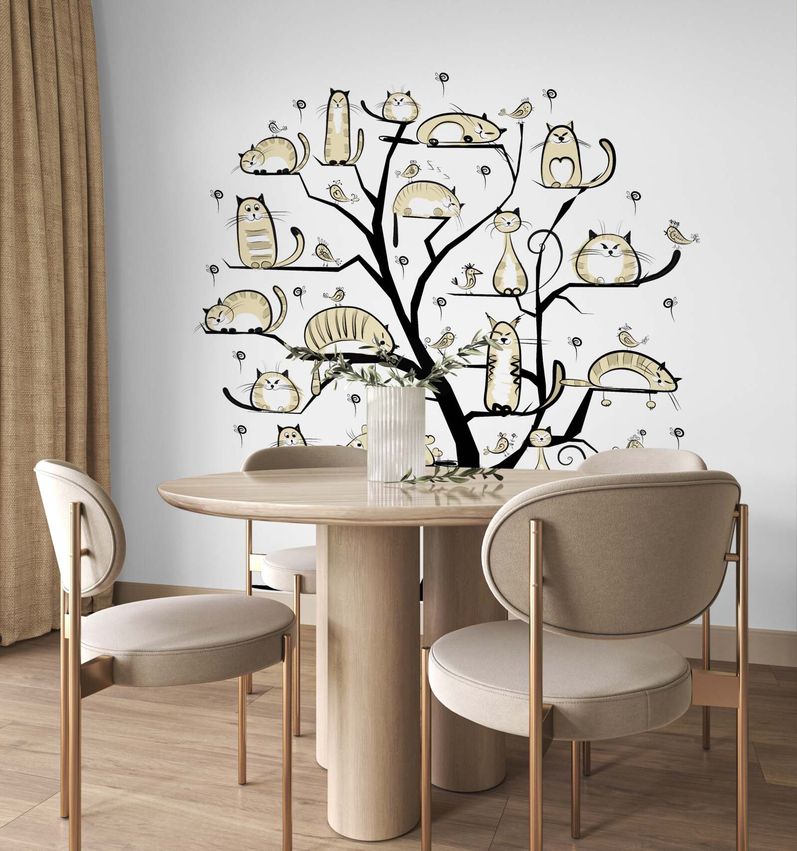 Fototapet pisici pufoase pe crengi de copac