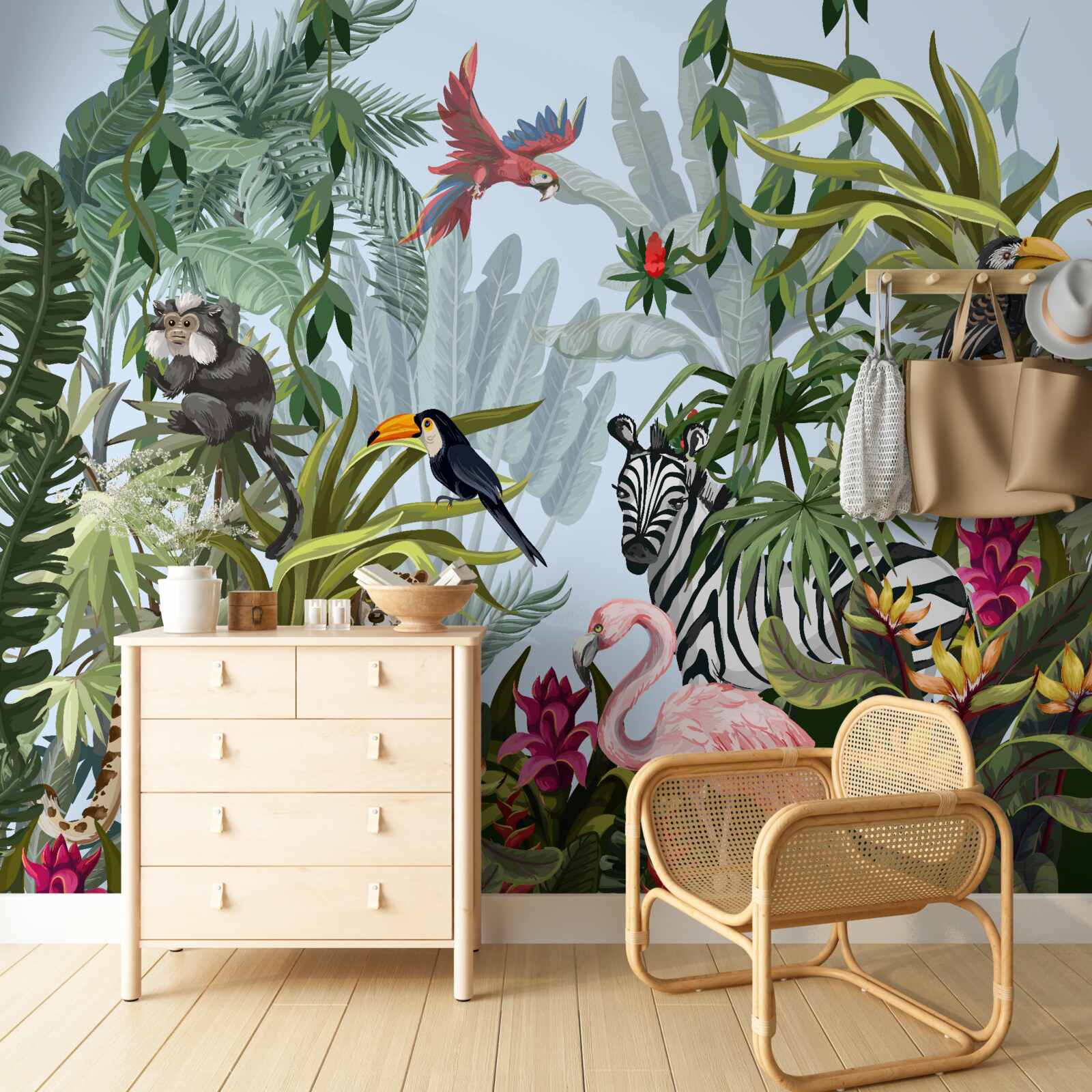 Fototapet vegetație pe timp de zi și animale sălbatice din junglă