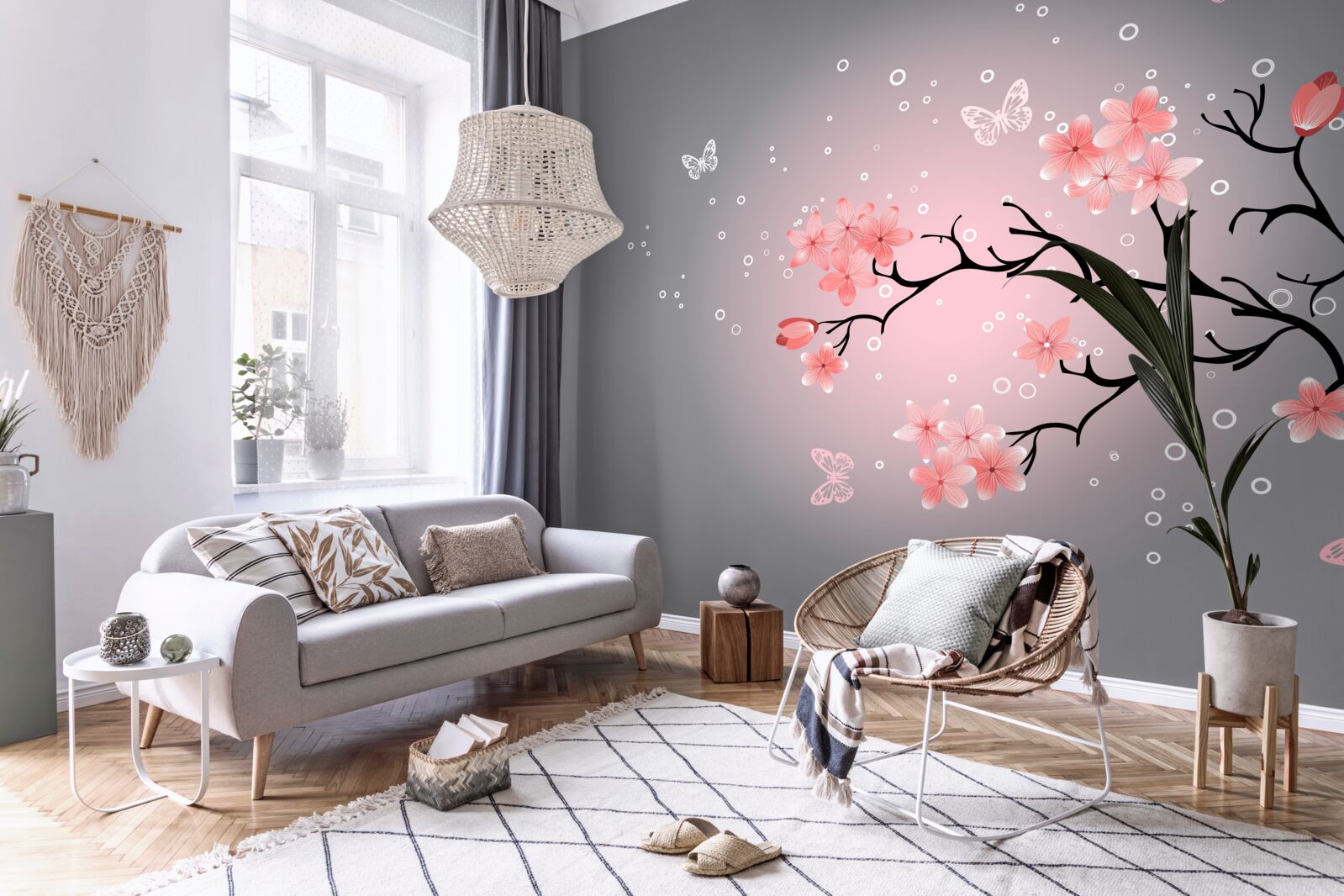 Fototapet fluturi și o ramură de sakura