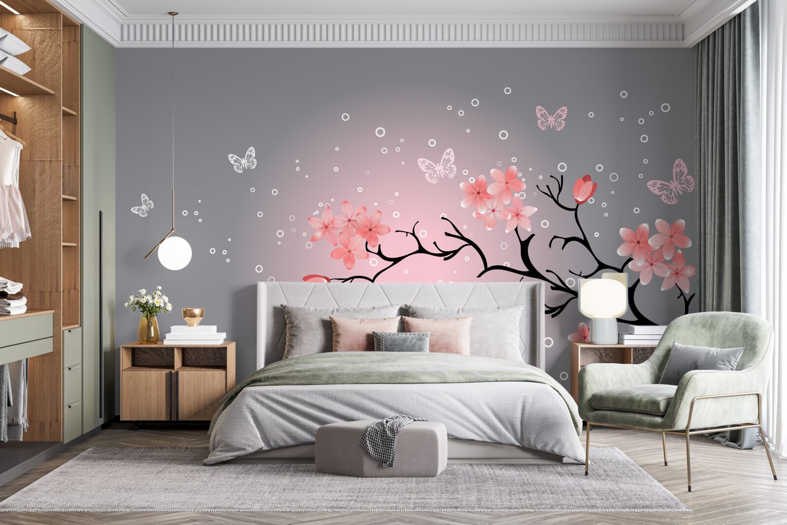 Fototapet fluturi și o ramură de sakura