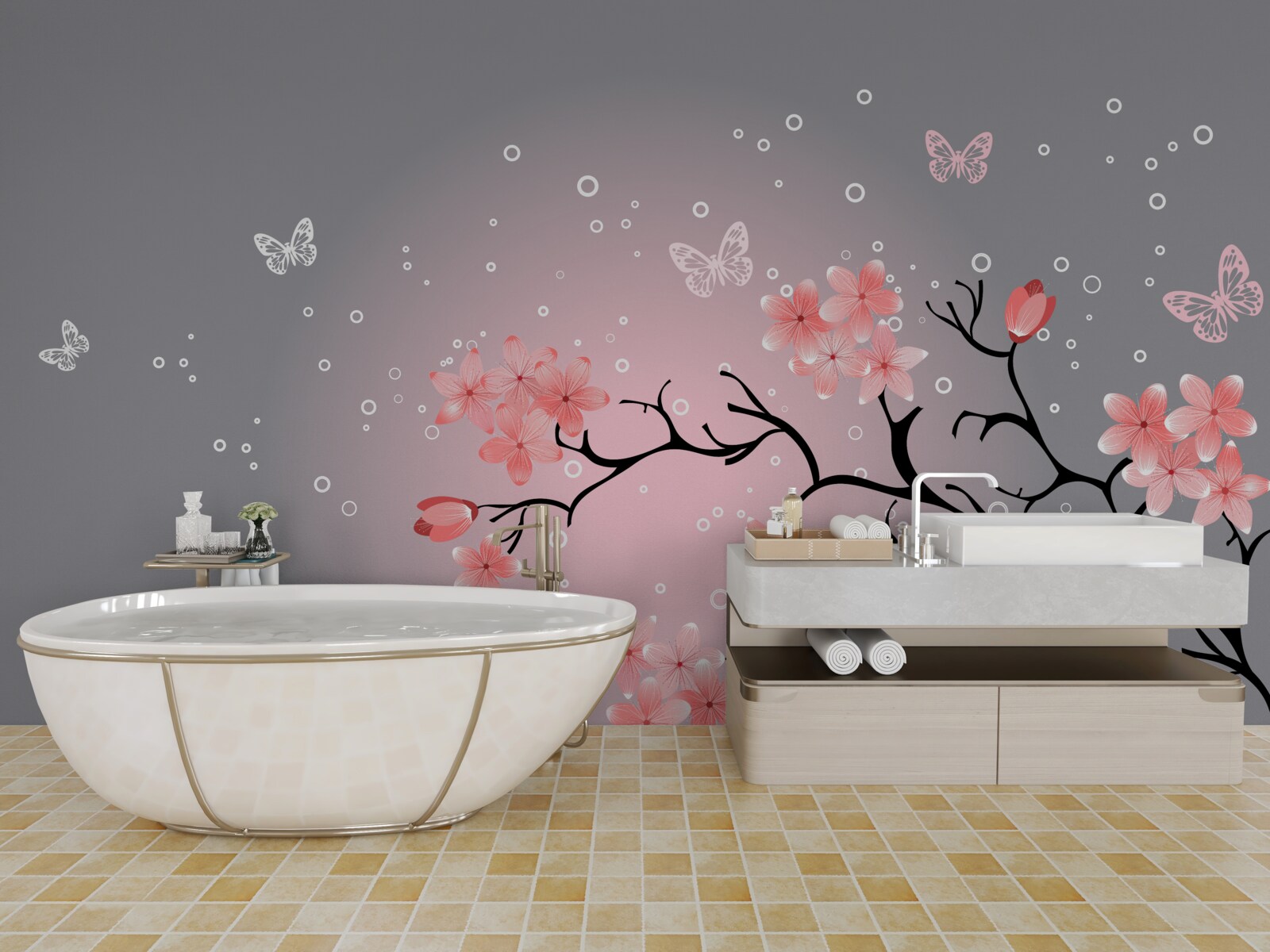 Fototapet fluturi și o ramură de sakura