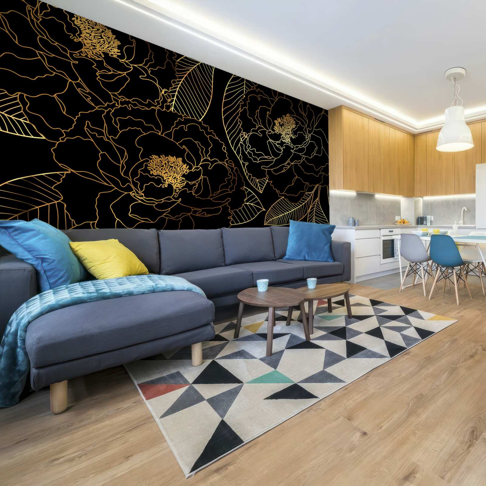 Fototapet Textură de frunze și flori, nuanțată în auriu