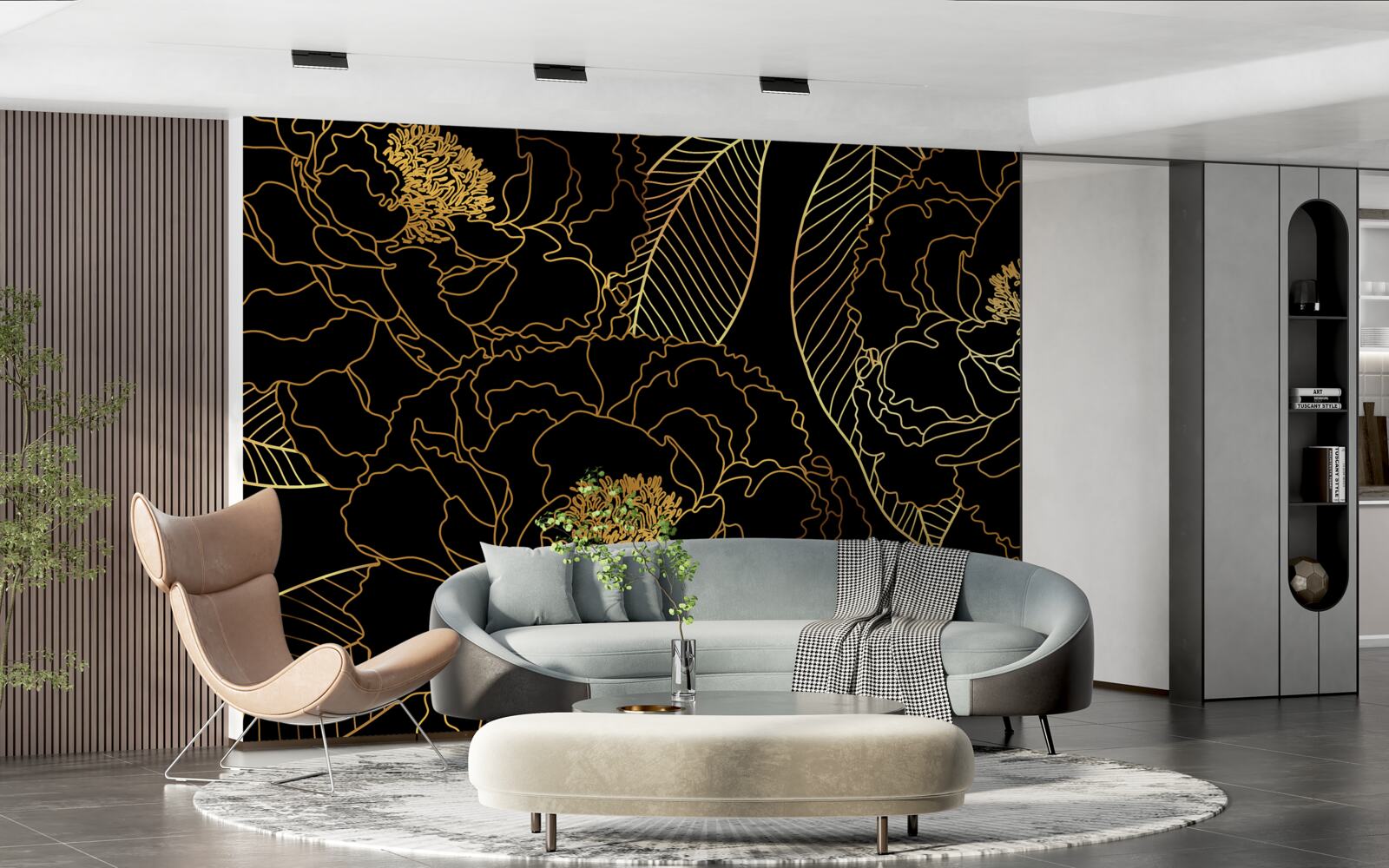 Fototapet Textură de frunze și flori, nuanțată în auriu