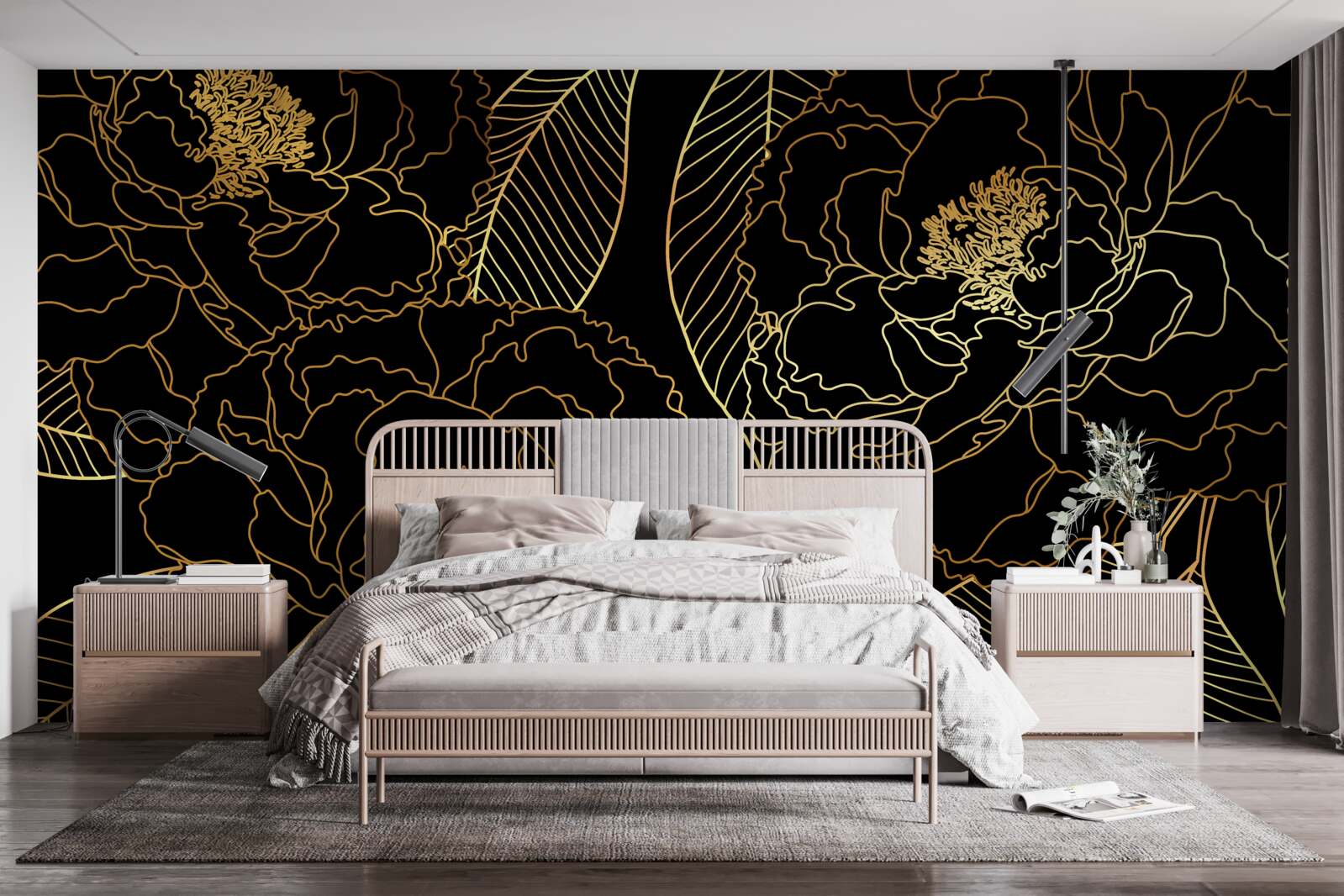 Fototapet Textură de frunze și flori, nuanțată în auriu