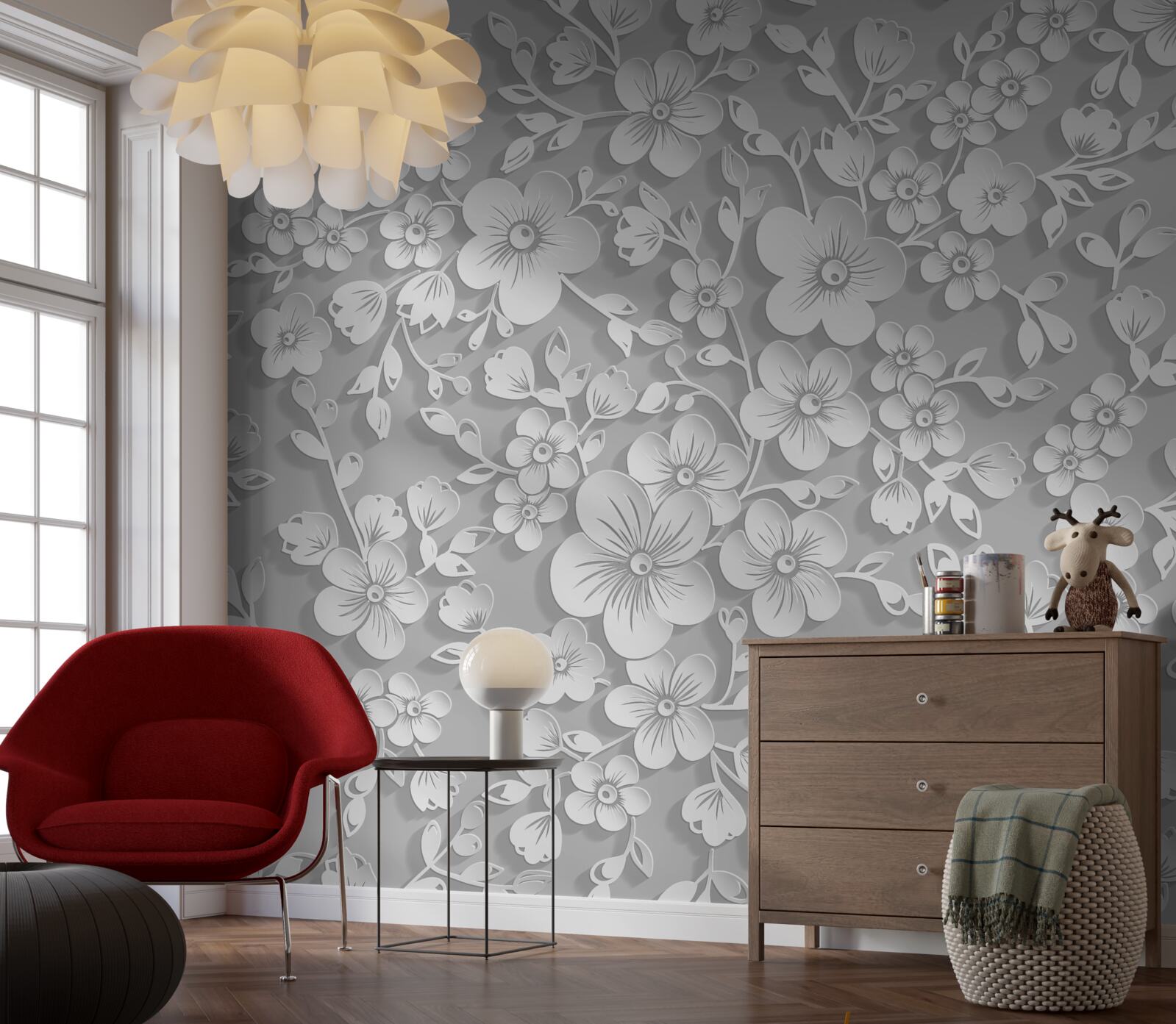 Fototapet fundal punctat cu flori albe subțiri