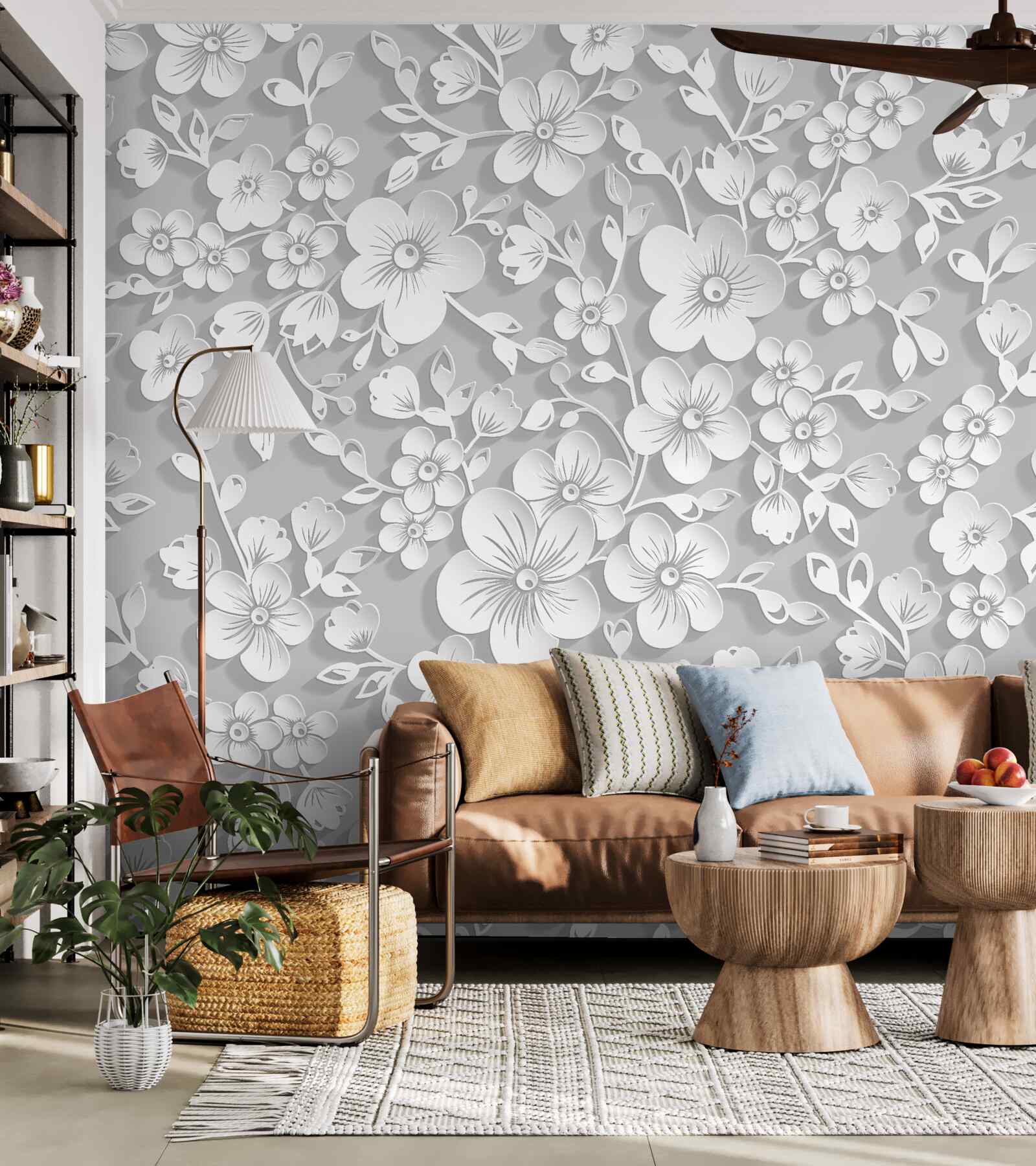 Fototapet fundal punctat cu flori albe subțiri