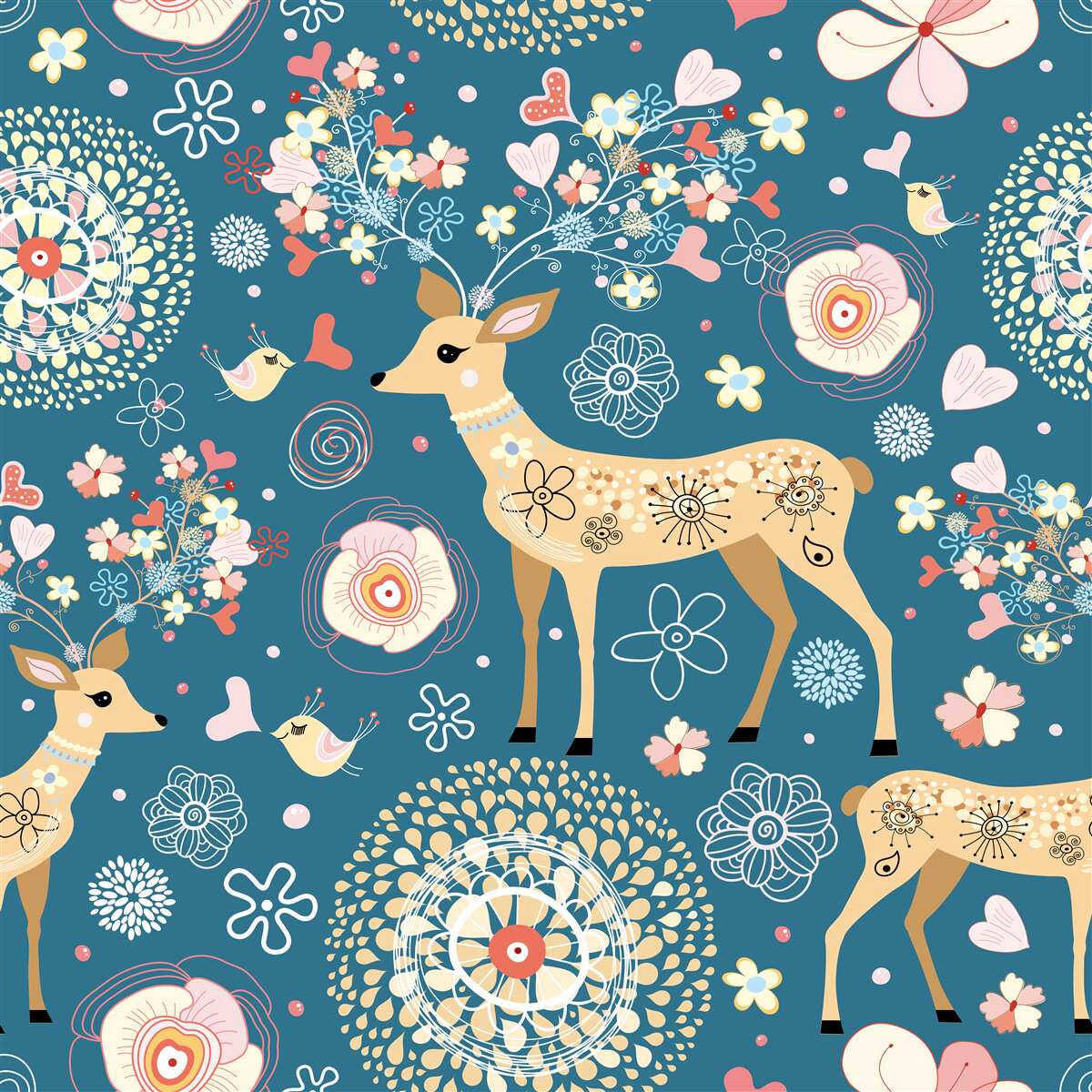 Fototapet păsări și căprioare înconjurate de flori