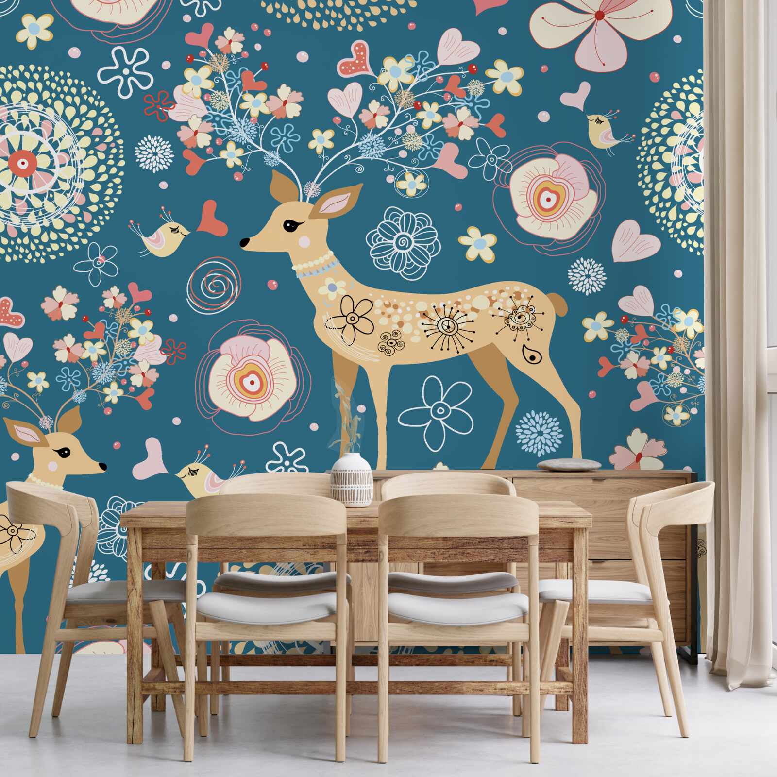 Fototapet păsări și căprioare înconjurate de flori