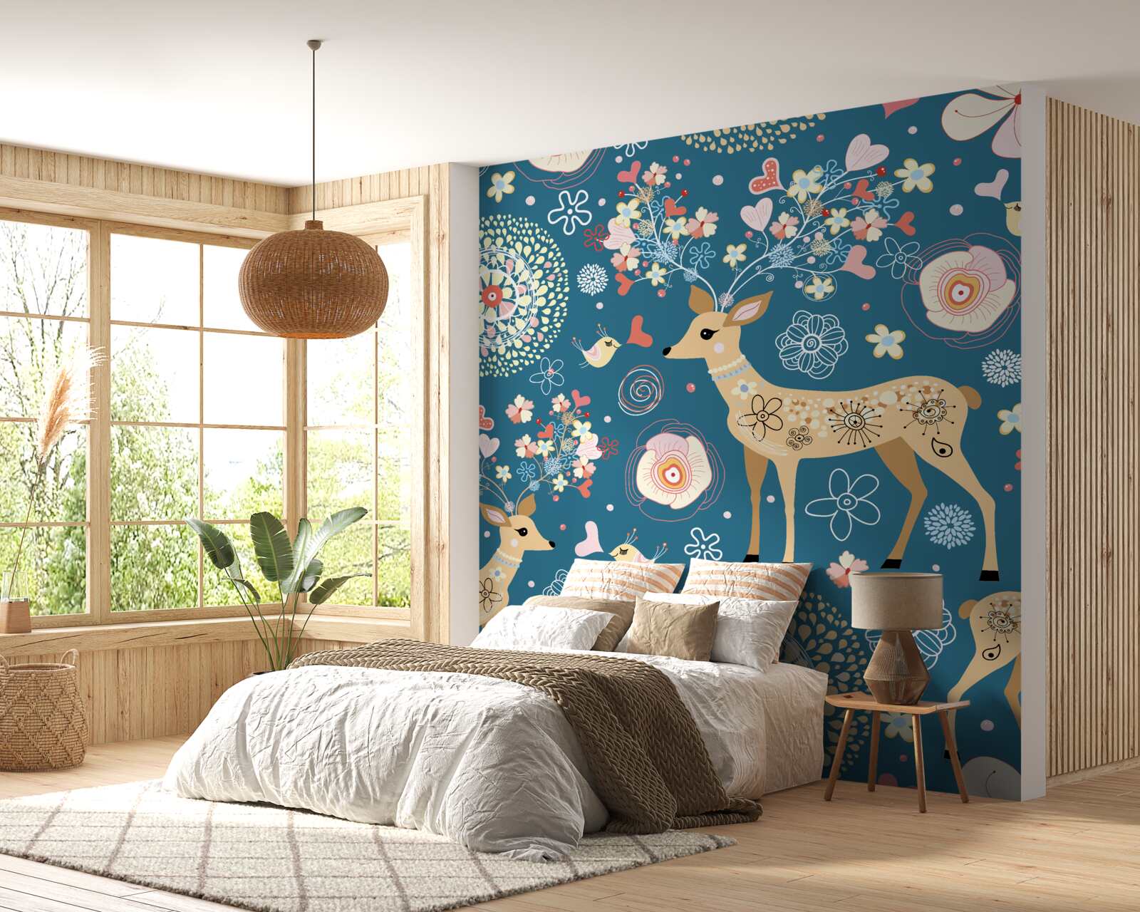 Fototapet păsări și căprioare înconjurate de flori