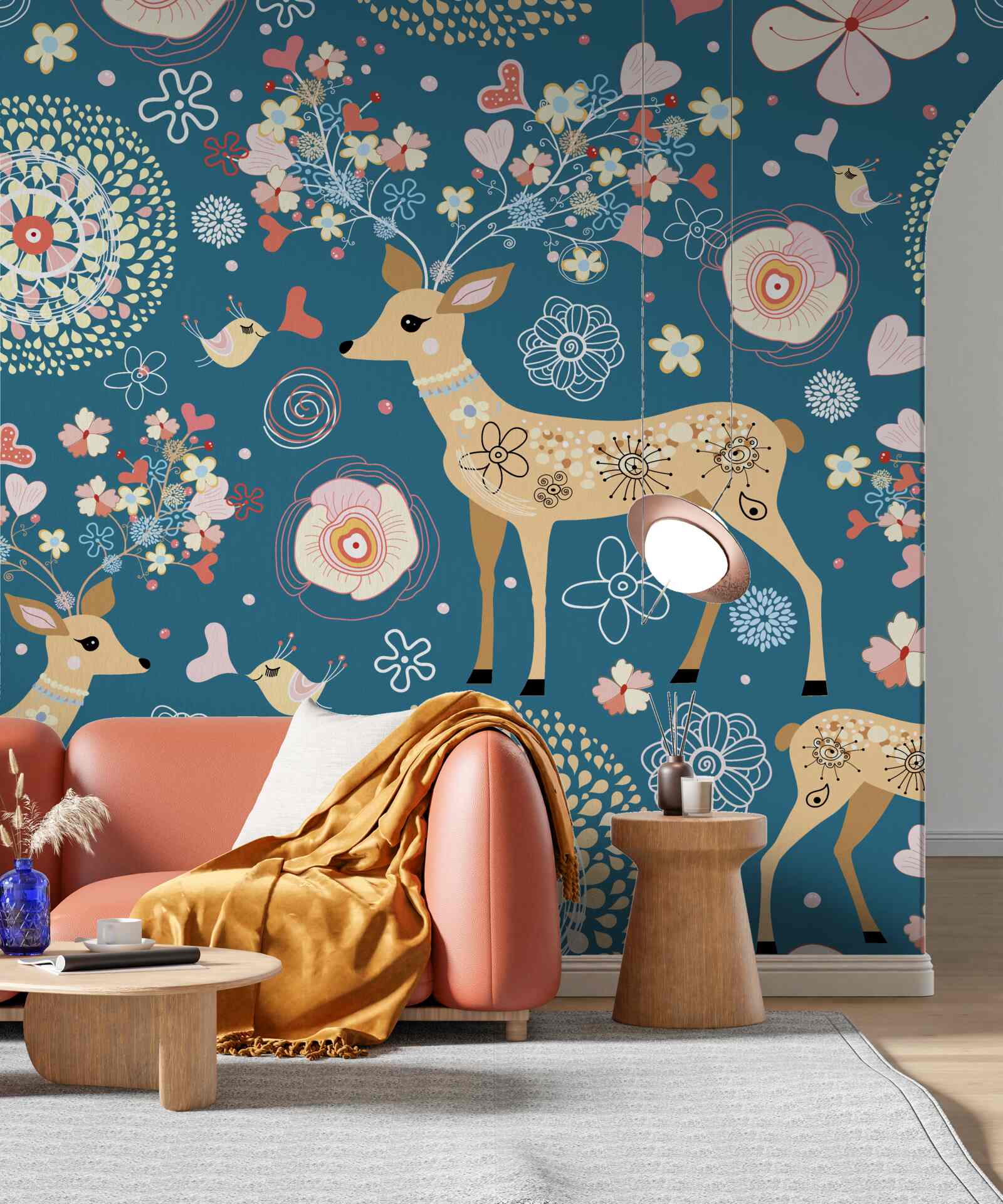 Fototapet păsări și căprioare înconjurate de flori