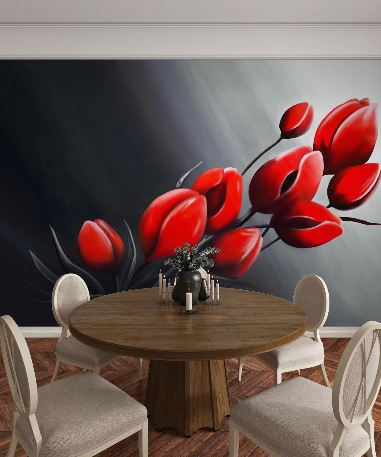 Fototapet lalele roșii strălucitoare care nu s-au deschis încă