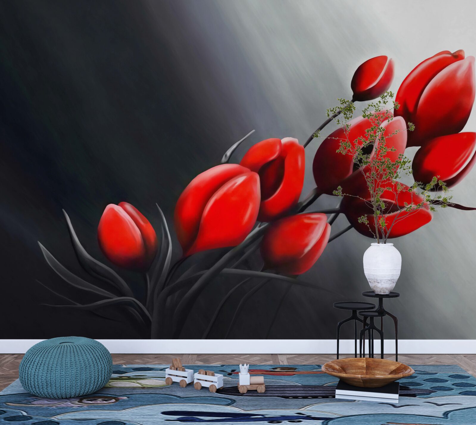 Fototapet lalele roșii strălucitoare care nu s-au deschis încă