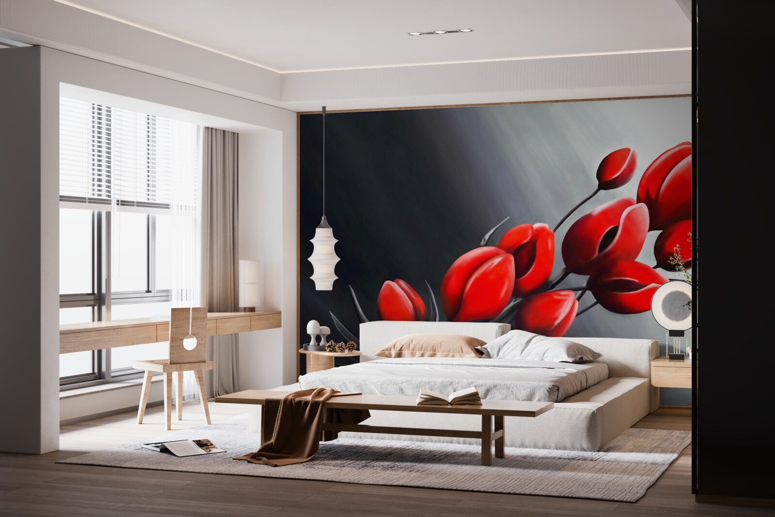 Fototapet lalele roșii strălucitoare care nu s-au deschis încă