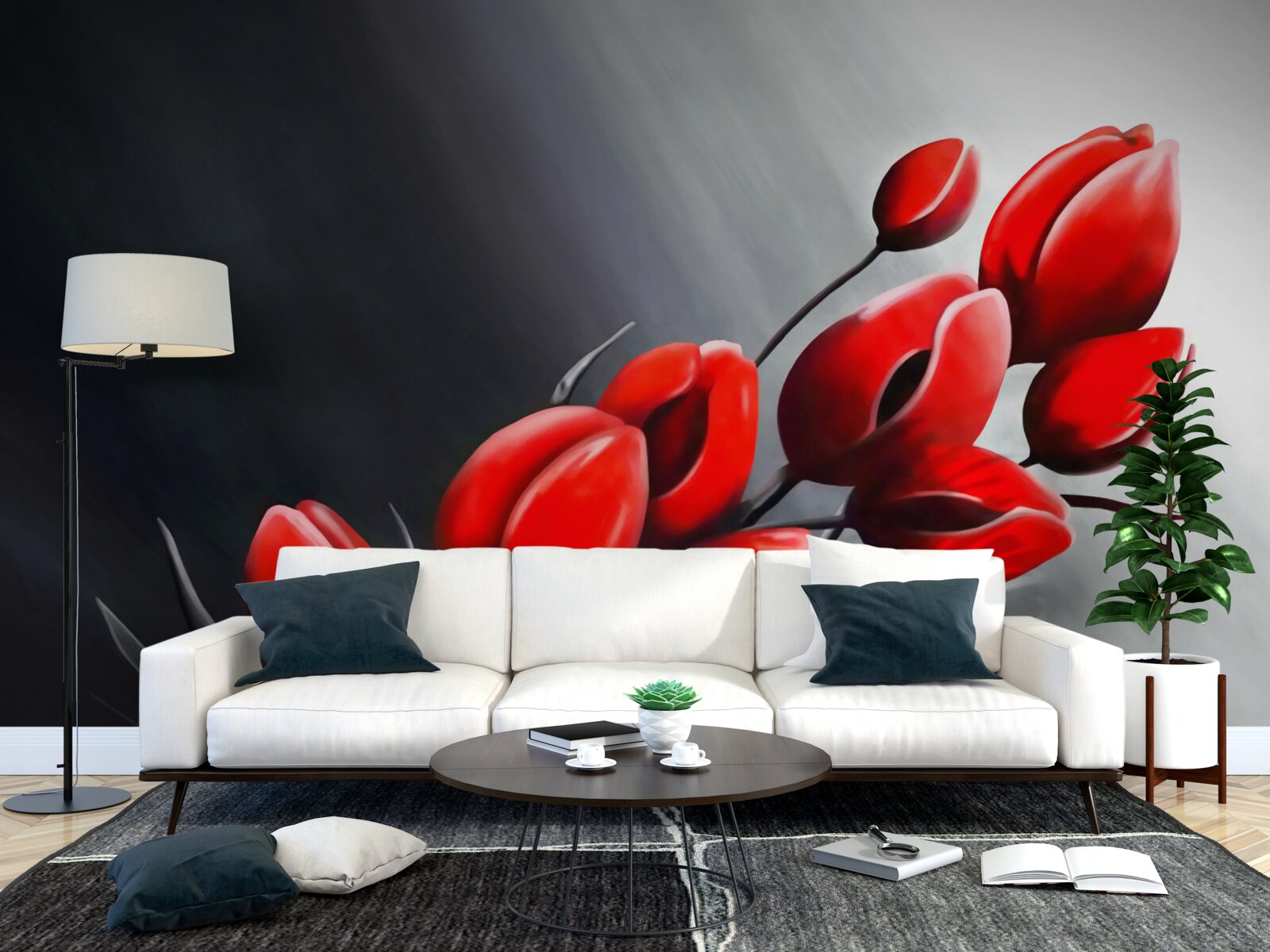 Fototapet lalele roșii strălucitoare care nu s-au deschis încă