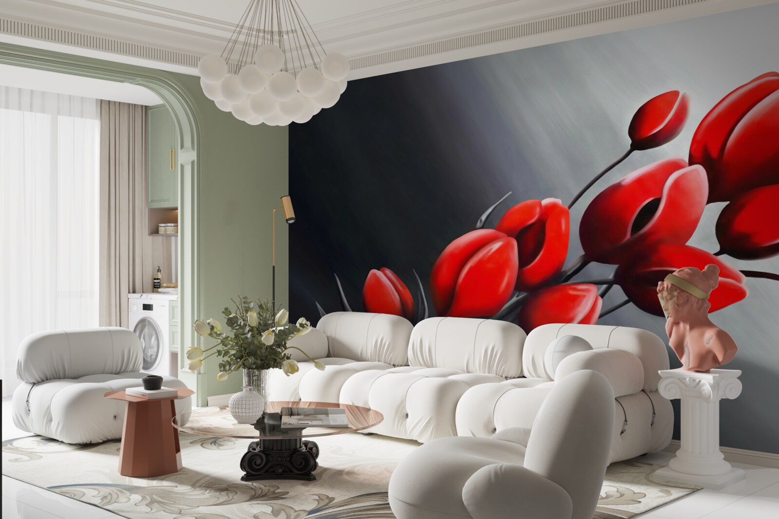 Fototapet lalele roșii strălucitoare care nu s-au deschis încă